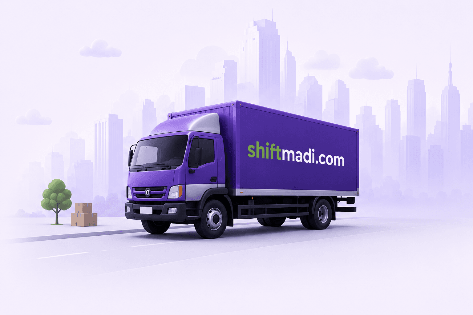 Purple shiftmadi delivery truck in front of a city skyline